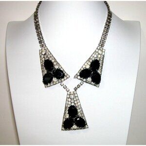 Vintage Rhinestone & Black Stone Statement Necklace With Geometric Pendant Desig